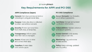 Infographic illustrating key APPI and PCI DSS requirements for fintech companies, highlighting essential compliance measures.