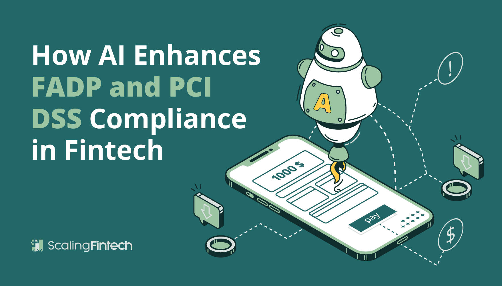 Illustration depicting AI's role in enhancing FADP and PCI DSS compliance within the fintech industry.
